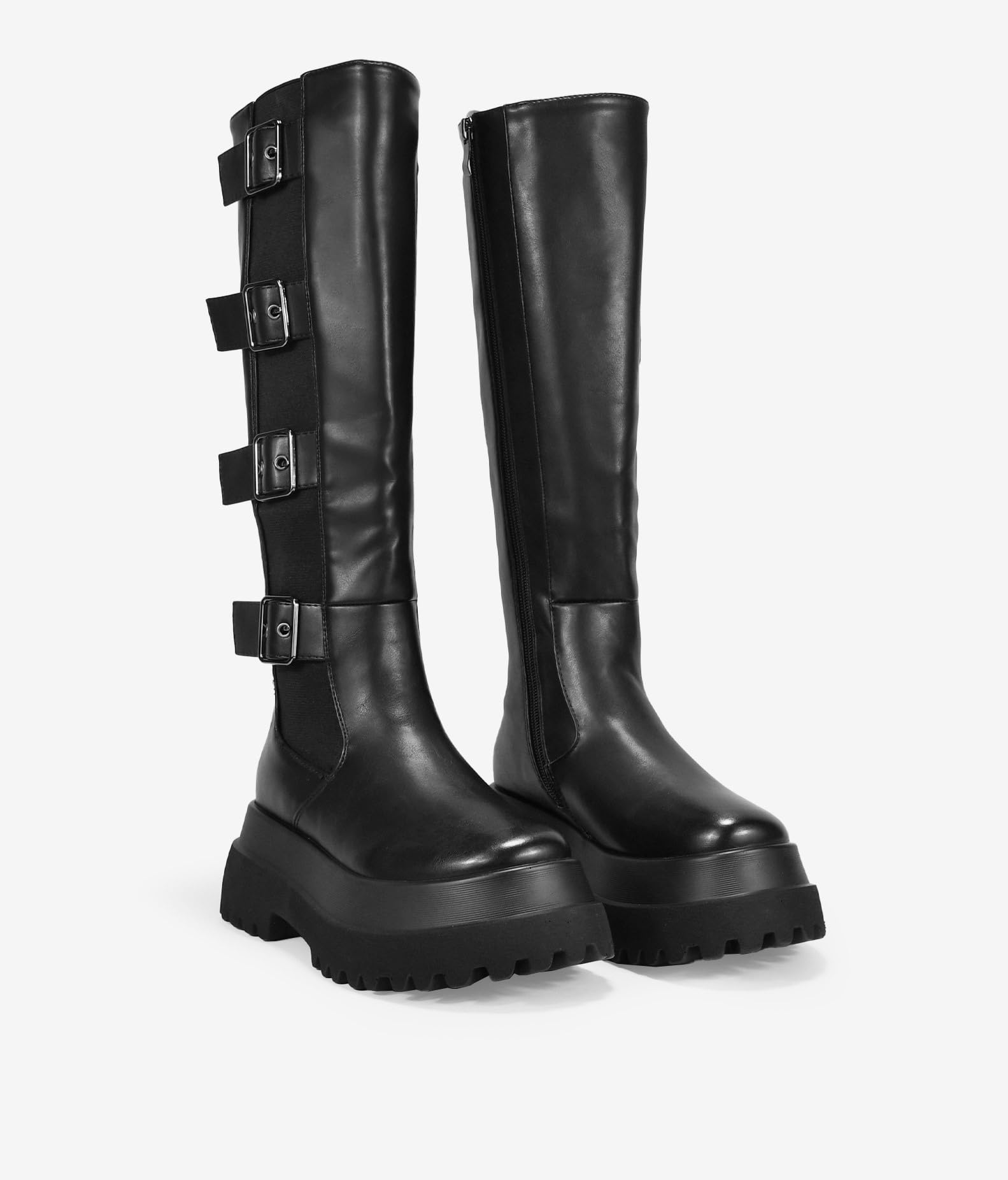 BOSANOVA Botas Altas Negras para Mujer con elástico Lateral, Tiras con Hebillas Ajustables y Suela de Plataforma Doble de 6.5 cm. Cierre con Cremallera Interior. Calzado para Mujer