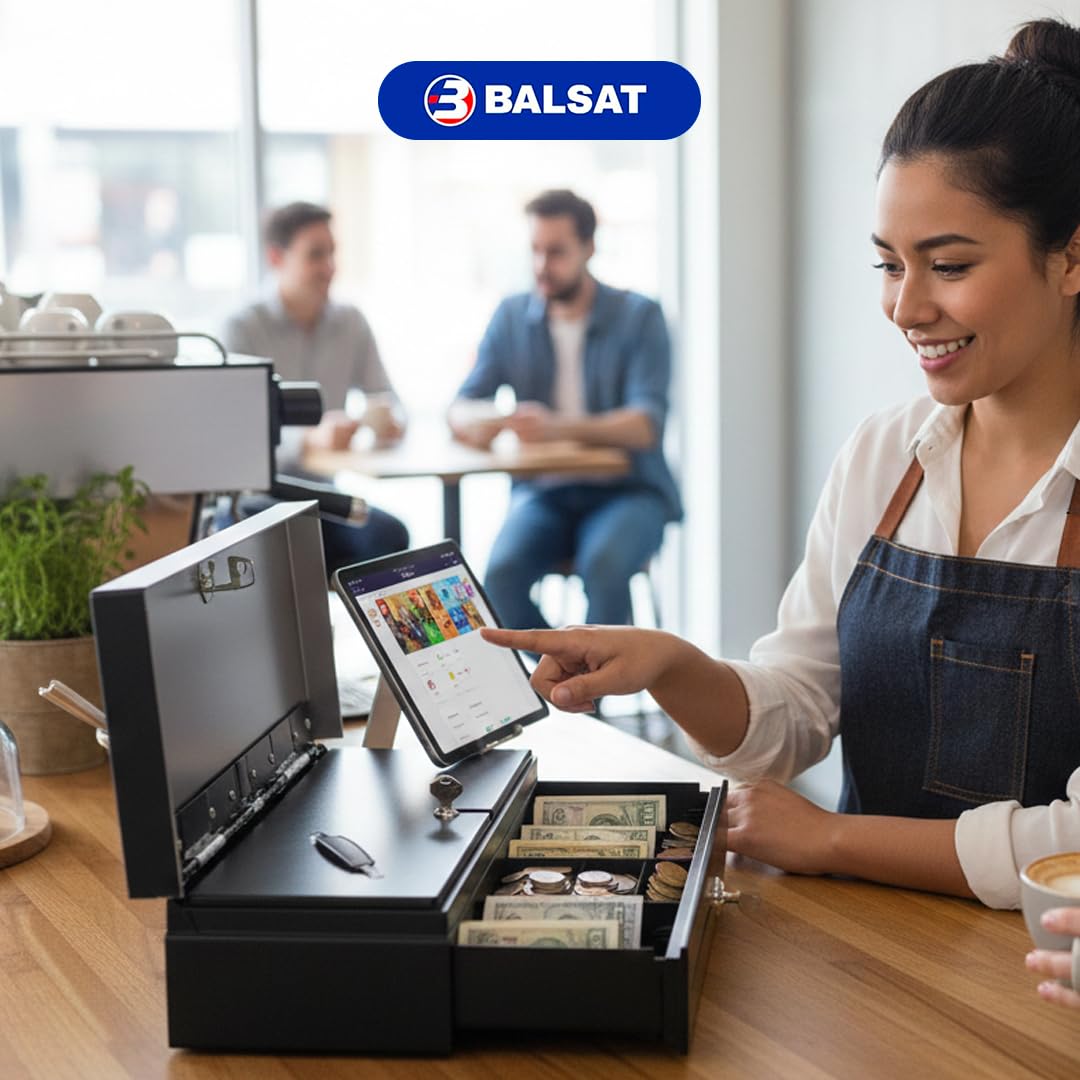 BALSAT | Cajón de Monedas Profesional | Cajón Eléctrico Con Apertura Vertical | 46x17x10 cm | Compartimentos Para Monedas y Billetes | Llave de Seguridad | Conexión RS-232 y RJ-11 | Diseño Compacto