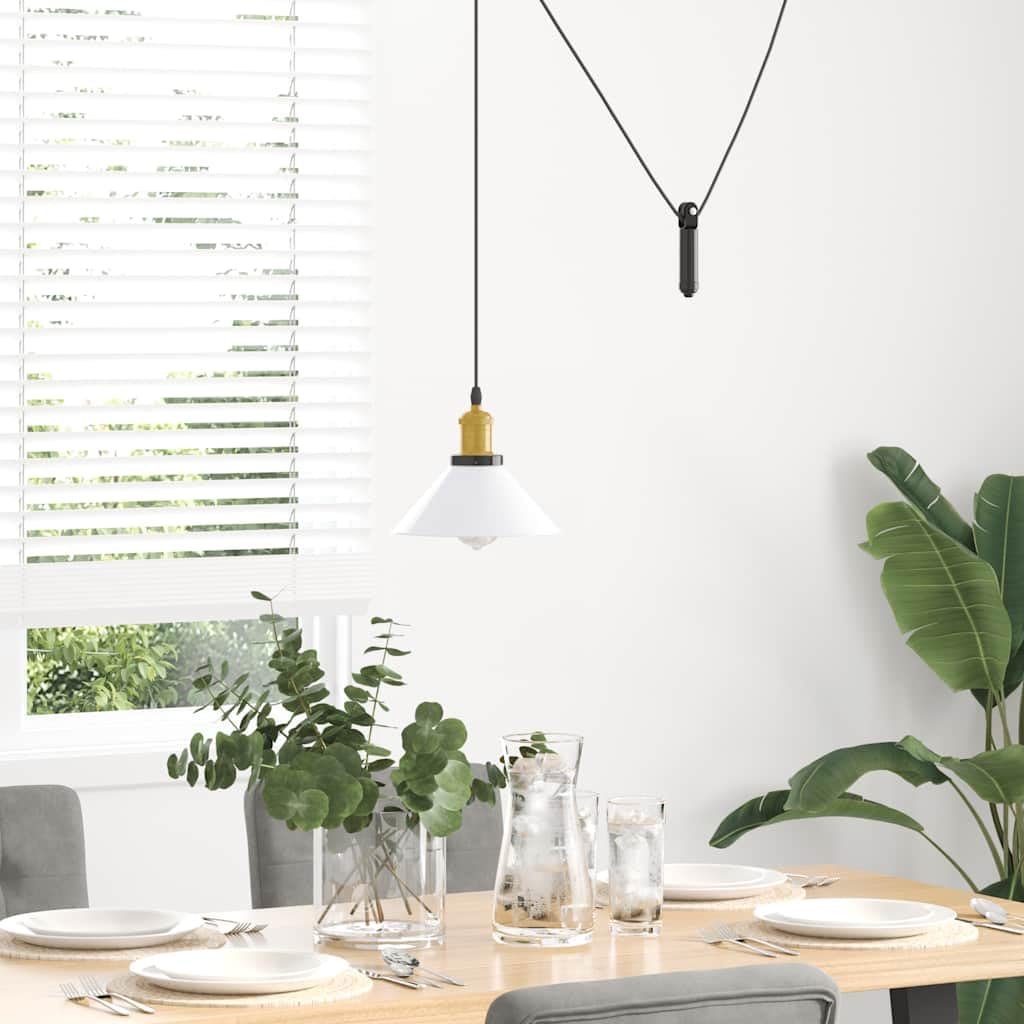 Lampa wisząca z regulacją wysokości, biała, błyszcząca, metalowa, Ø 22 cm, z oprawką E27, system wyciągu, do salonu, kuchni, sypialni, oświetlenie wewnętrzne, możliwość ściemniania