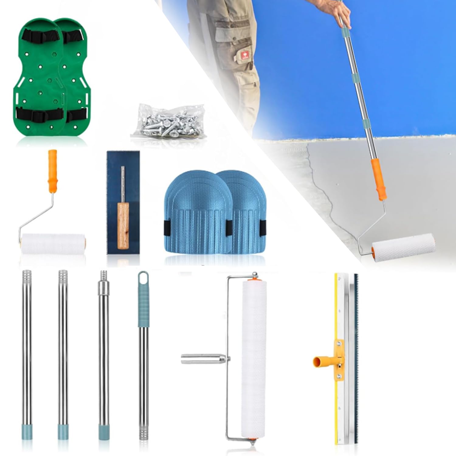 Kit Completo de Herramientas para Cemento Autonivelante con Rodillo de Púas Autonivelante, Rascador de Acero Inoxidable, Rastrillo, Palo Telescópico y Rodilleras