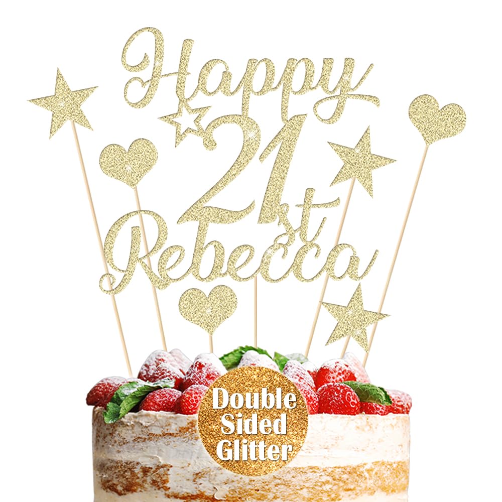 Personalised Cake Topper Custom Multicoloured Non-Shed Double Sided Glitter Cake Decoration Happy Birthday Cake Topper with Any Name Any Age 13th 21st 30th 50th (Champagne Gold)