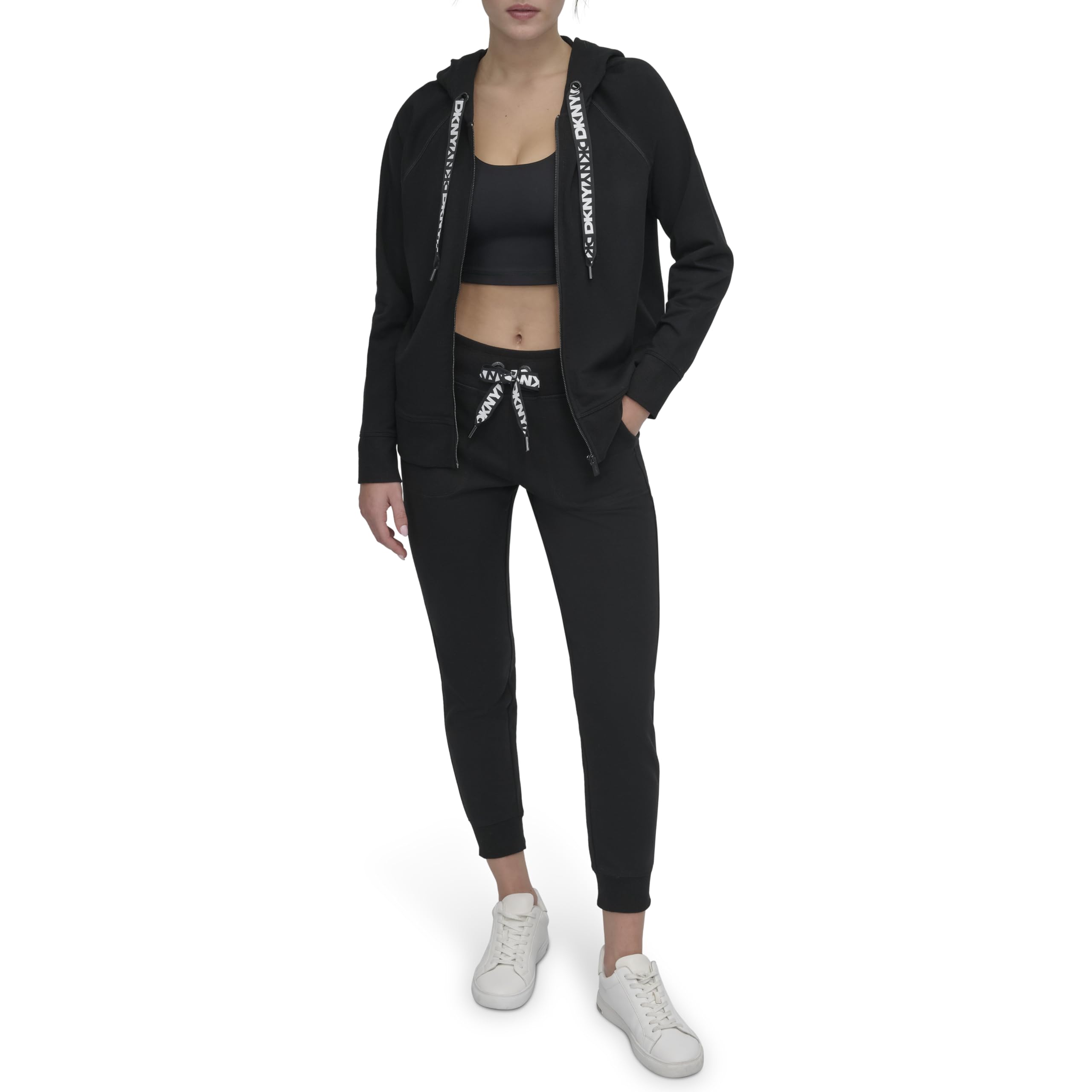 DKNY Logo Drawstring Full Zip Fleece Hoodie Sudadera con Capucha para Mujer