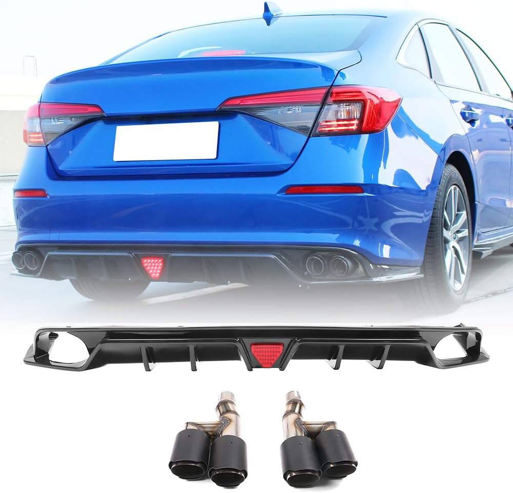 Rear Bumper Diffuser Lip w/LED Brake Light, Compatible with 2022-2026 Honda Civic Sedan, Not Fits Hatchback, PP Carbon Fiber Print Rear Lower Lip Valance Splitter