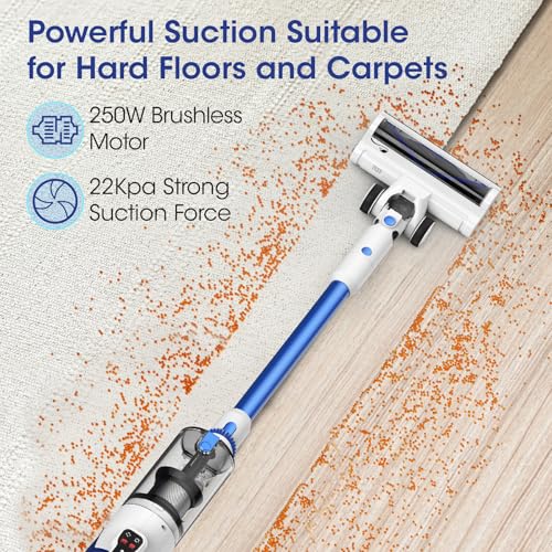 Cordless Vacuum Cleaner, Brushless Motor Powerful Suction Stick Vacuum, LED Display,with 2500 mAh Detachable Battery, 45 Mins Runtime Vacuum Cleaners for Home/Pet Hair/Hardwood/Carpets, Azure