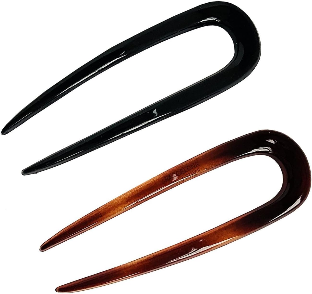 Parcelona French Set of 2 Tortoise Shell Brown Black Celluloid Chignon Bun Hair Updo U Sticks Pins for Bun