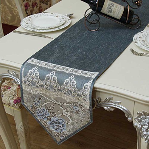 Chemin de table bleu en dentelle plate moderne 30x200 cm pour décoration de salle à manger