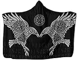 ALPTEC Mens Viking Hooded Blanket Novelty Norse Blanket Cloak 3D Print Wearable Blankets Nordic Myth Odin's Crow Pattern Hooded Cape Warm Viking Blanket with Hood(Crow A,80x60in/150x200cm)