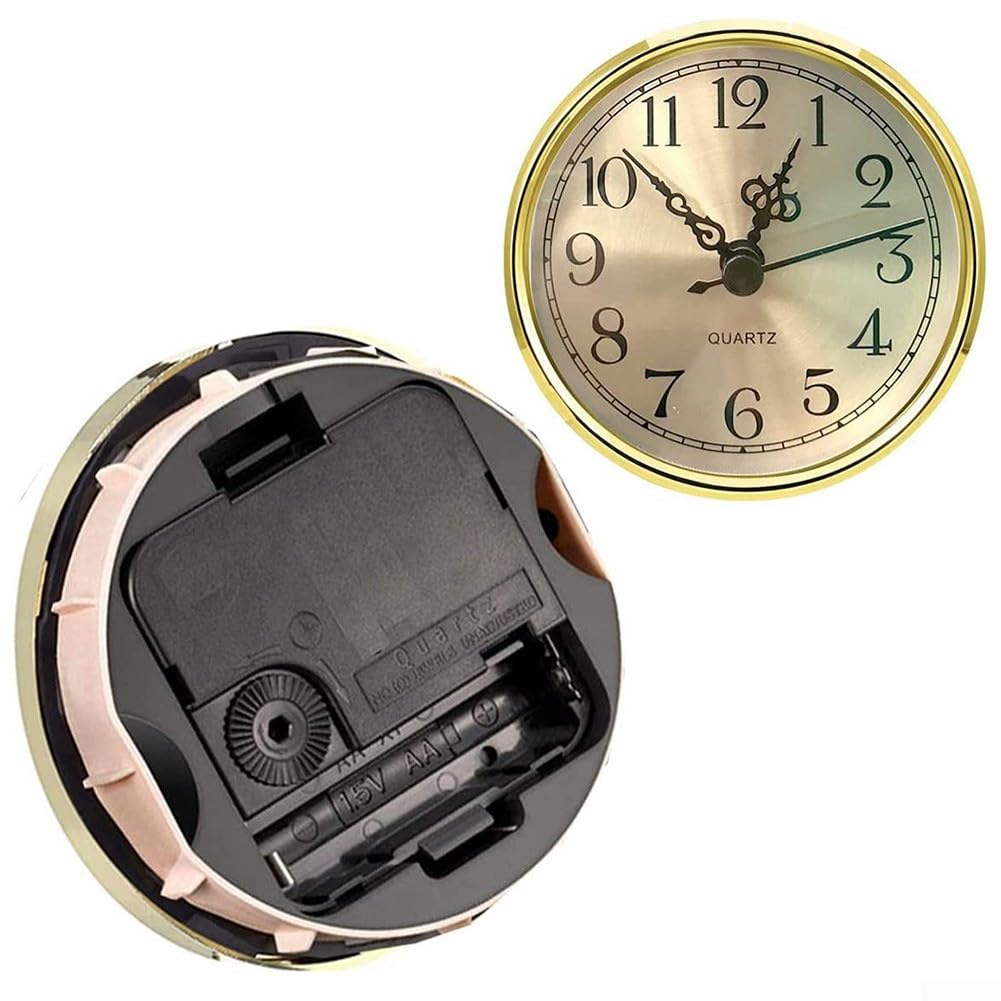 Miniuhr-Einsatz, 8,9 cm, rundes Quarzuhrwerk, Miniaturuhr, goldfarbenes Zifferblatt, goldfarbene Lünette, arabische Ziffern, passend für Loch mit 7,6 cm Durchmesser (goldfarben)