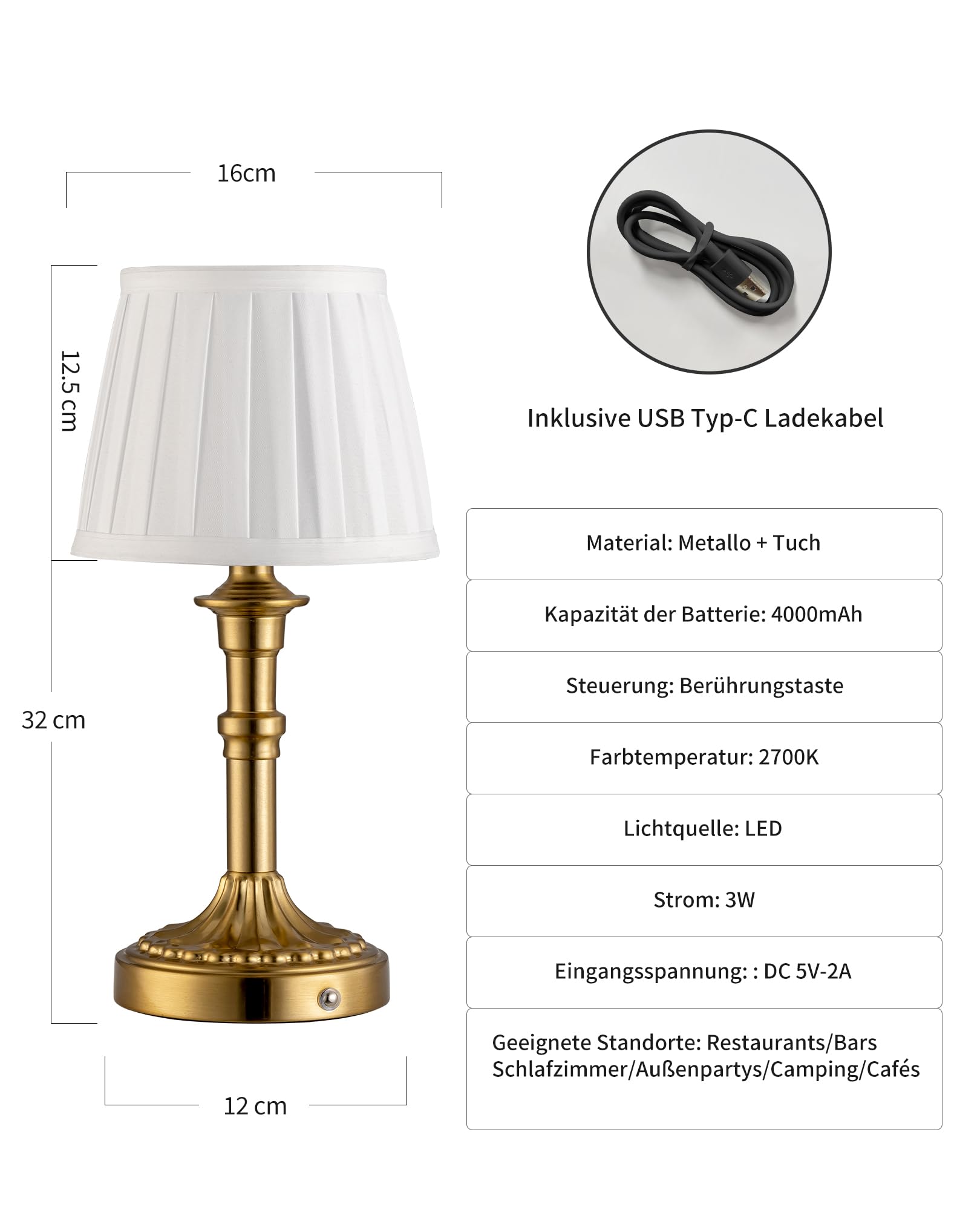 Set di 2 lampade da tavolo senza fili, paralume in tessuto a LED, piccola lampada da tavolo con batteria, dimmerabile, per soggiorno, sala da pranzo, camera da letto, bagno (Bronzo)