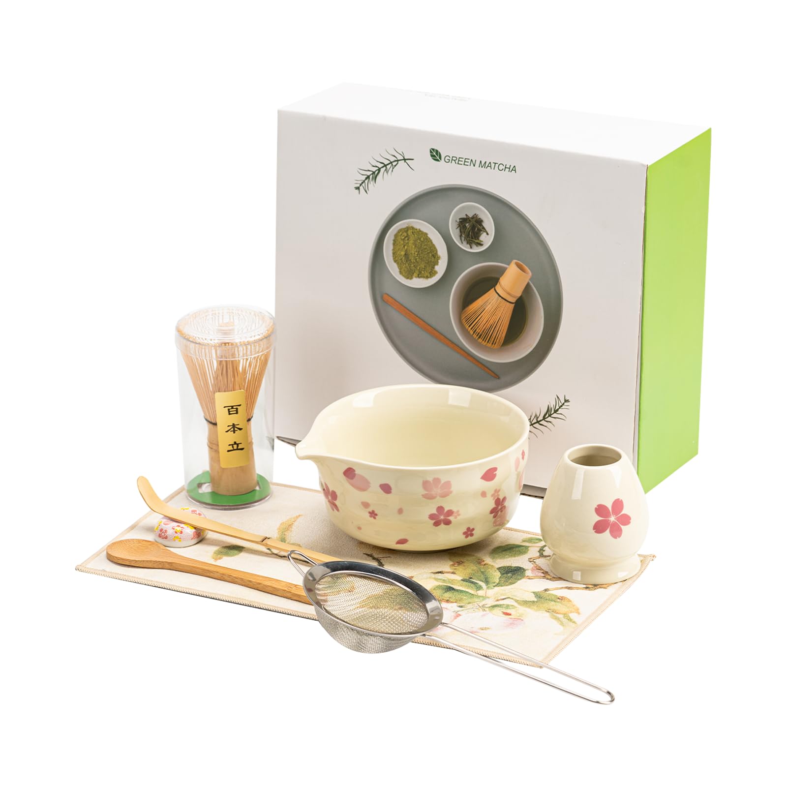 Matcha Set 8-Piece Japanese Tea Ceremony Kit with Ceramic Bowl, Bamboo Whisk & Holder, 2 Scoops, Strainer, Tea Cloth - Complete Gift Set for Traditional Brewing(Gradient flower)