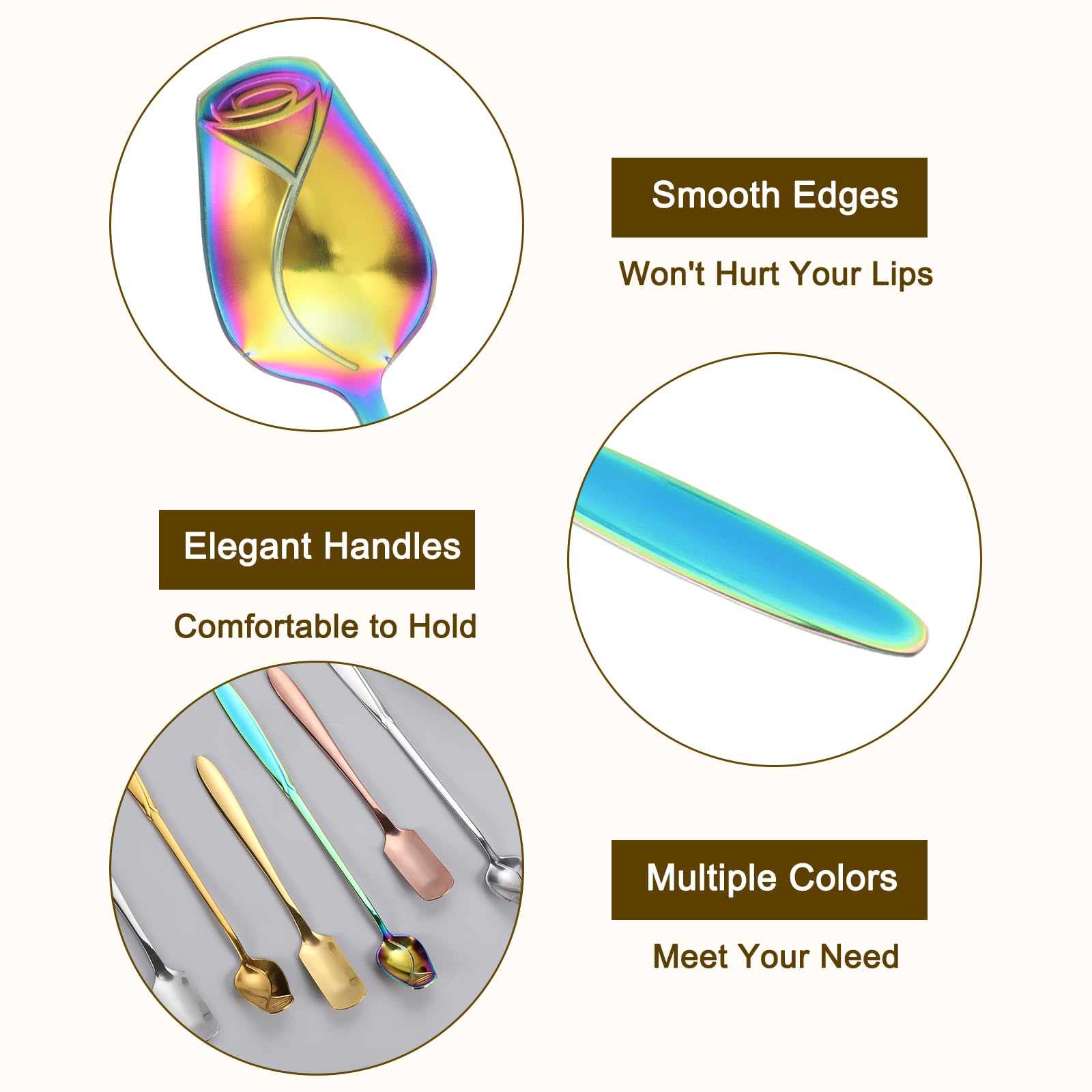 uxcell 7 Inch Stainless Steel Coffee Spoons Rose Flower Shape Spoons Ice Tea Spoon Dessert Spoon for Sugar Cake Stirring Mixing Colorful - Image 3