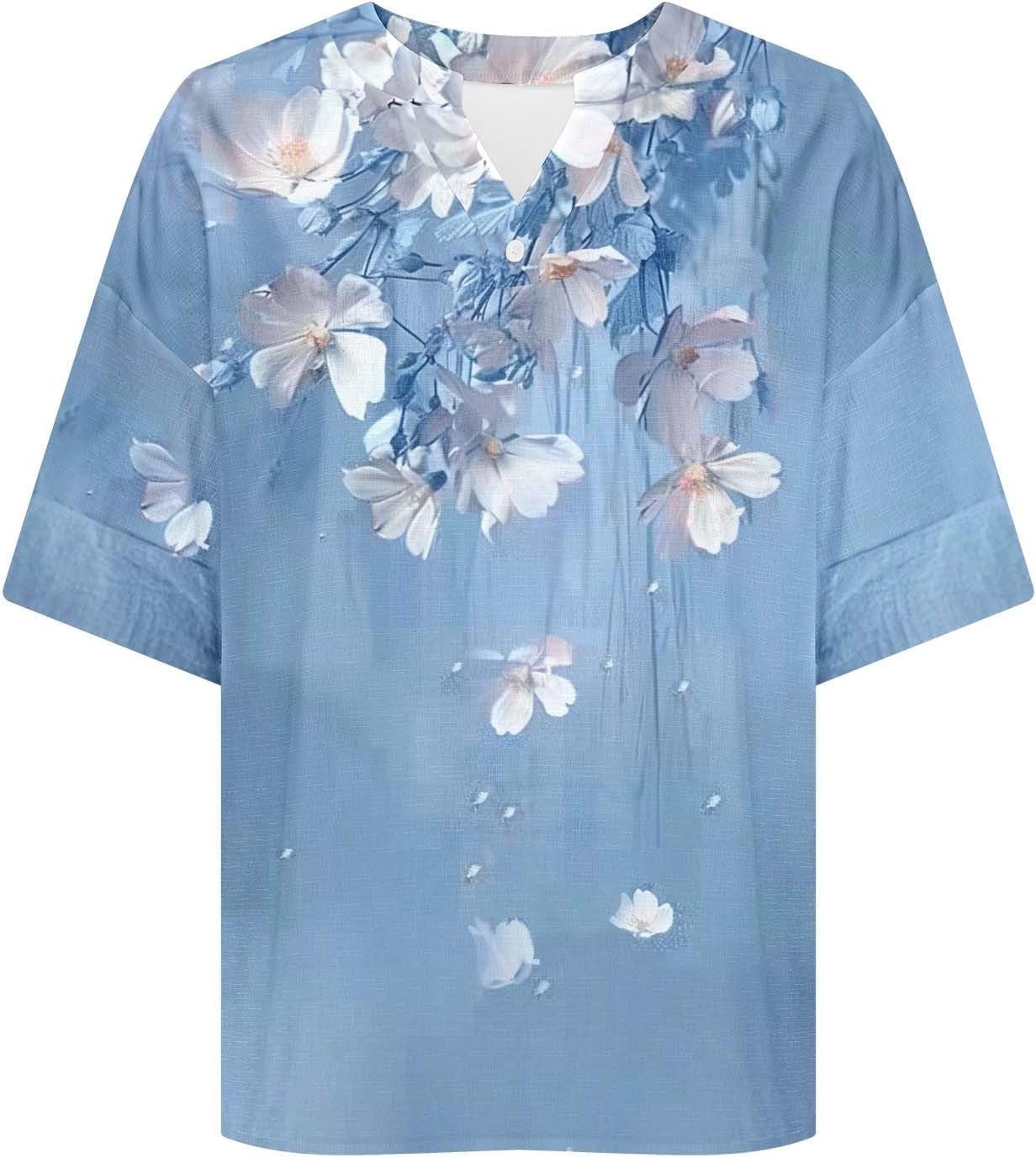 Women's Floral Linen Tops Summer Fashion Short Sleeve V Neck Button Up Shirts Beach Vacation Boho Clothes
