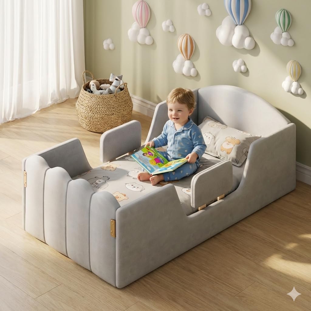 EROMMY Toddler Bed, Child Bed for Kids with Extra Safety Broad, Standard Crib Size Toddler Bed, Certified Fabric Toddler Beds,Toddler Flood Bed No Mattress(Grey)