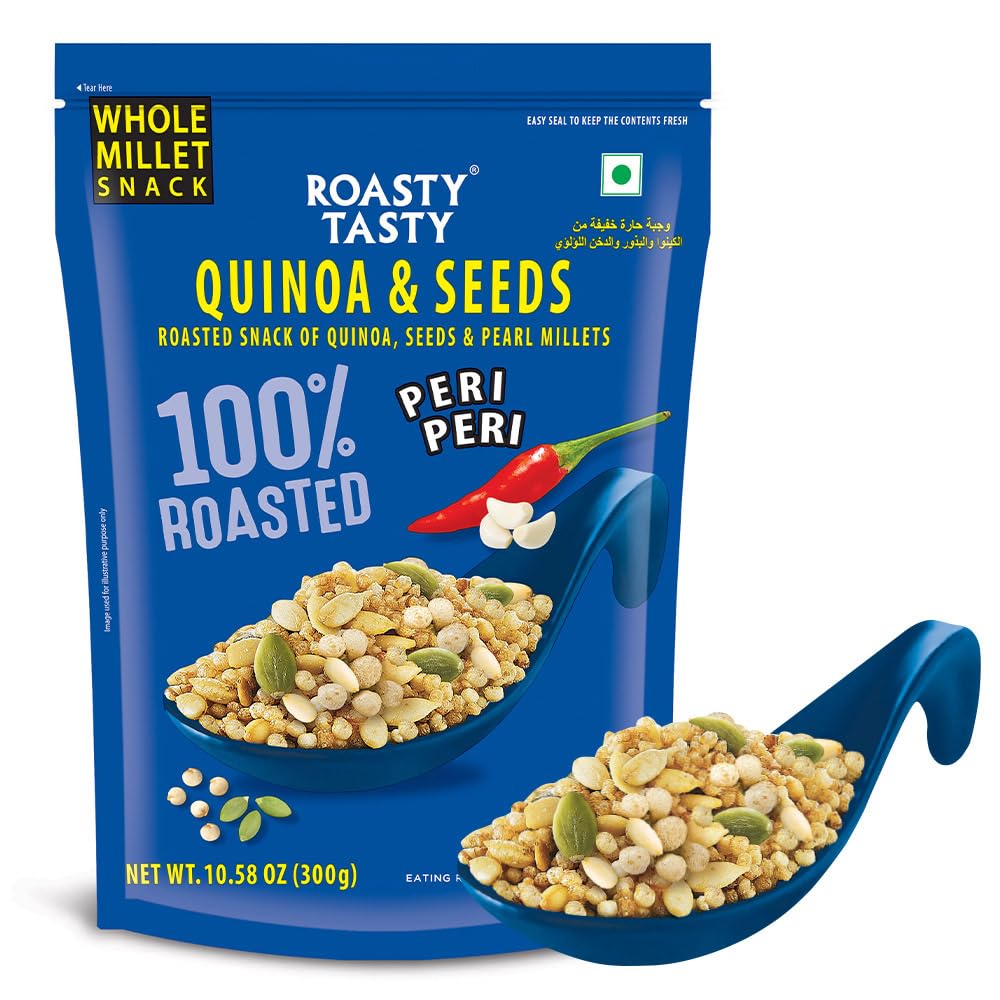 Roasty Tasty Quinoa & Seeds Peri Peri|Healthy Snacks|Roasted White Quinoa Puffs, Bajra & Seeds Mix|Rich In Protein For Adults & Kids|No Transfat|Diet Mixture|Peri Peri Masala|Roasted Namkeen|300G