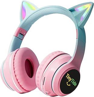TinyTide- Wireless/Wired Bluetooth Kids Headphones with 105dB Safe and Foldable Over-Ear Headsets for Children's Gifts, School, Tablet, Travel for Girls/Boys Gifts Cat Ear Online Learning School-Pink