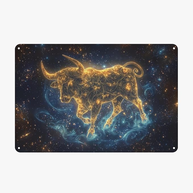 Taurus Zodiac Metal tin sign,Golden spiral and starry sky Taurus,Vintage Zodiac sign themed decor tinplate,Living room, bedroom, office walls Aluminum plaque 6x8 inches