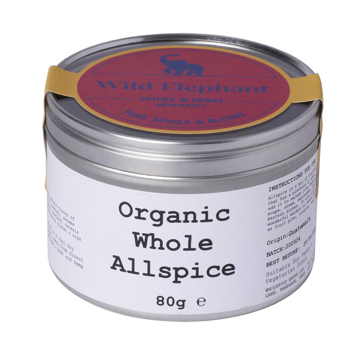 Wild Elephant Organic Whole Allspice 80g - Jamaican Pimento Berries, 100% Pure - For Jerk, Pickling & Baking - Packed in UK