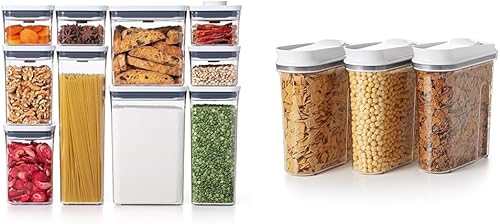 OXO Good Grips - Juego de recipientes POP de 10 piezas, color blanco y OXO Good Grips Juego de dispensador de cereales POP de 3 piezas