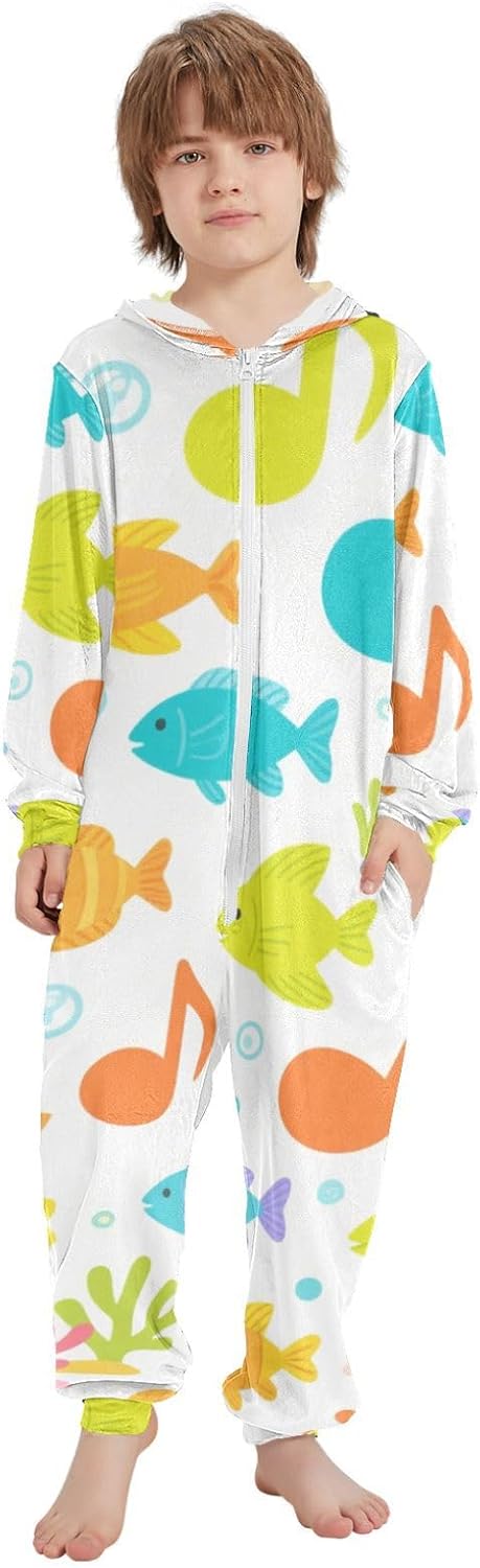 Musical Note Colorful Fish Bubble Zip Up Onesie Pajamas Hooded Loungewear Sleepwear for Christmas Home