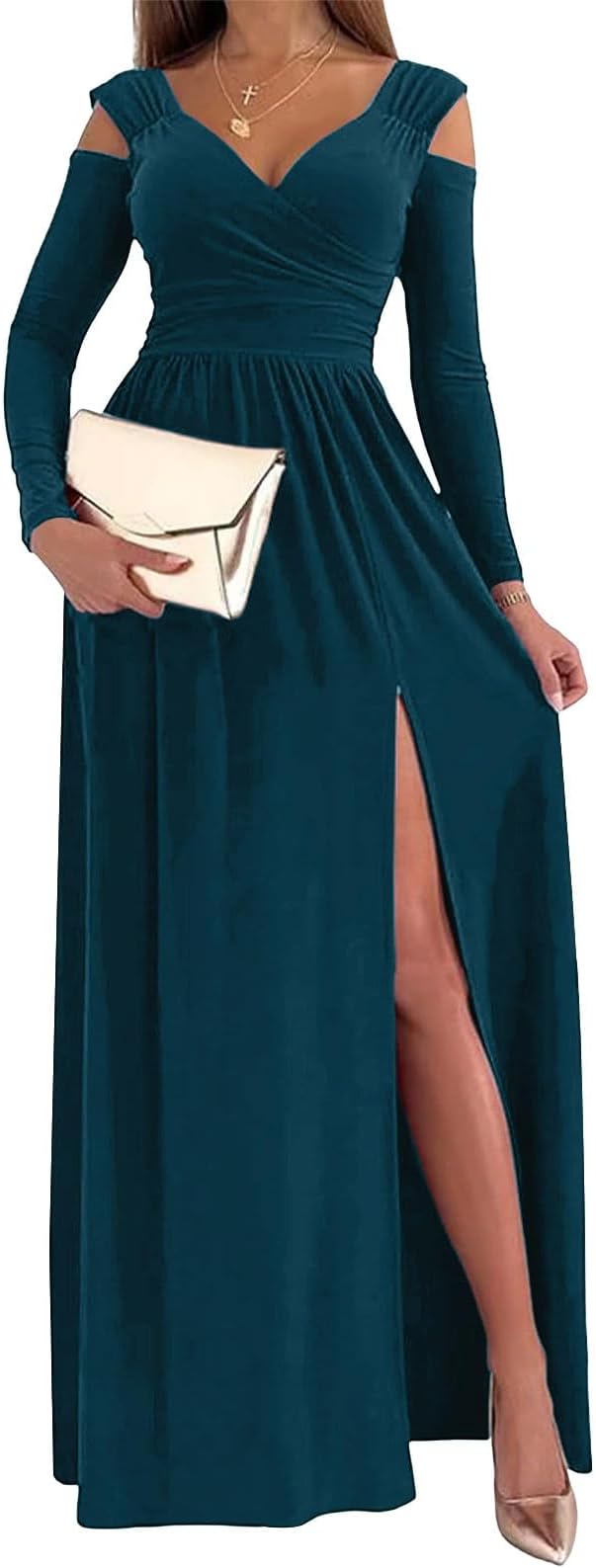 Women's Plus Size Cold Shoulder Long Dress High Slit Flowy Chiffon A-Line Maxi Formal Dress Evening Gown