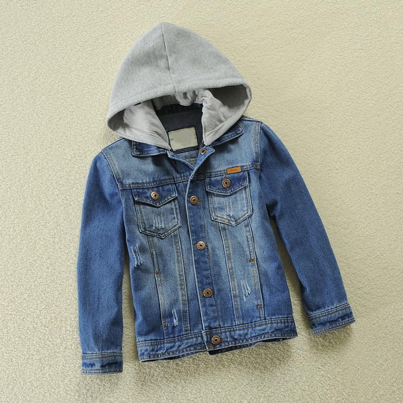 Image of Mallimoda Kids Boys Girls Hooded Denim Jacket | Jean Jacket for Boys Girls, Lightweight Coat with Hood, Zip Up Casual Outerwear, Spring Fall Fashion Clothes, Outdoor Wear