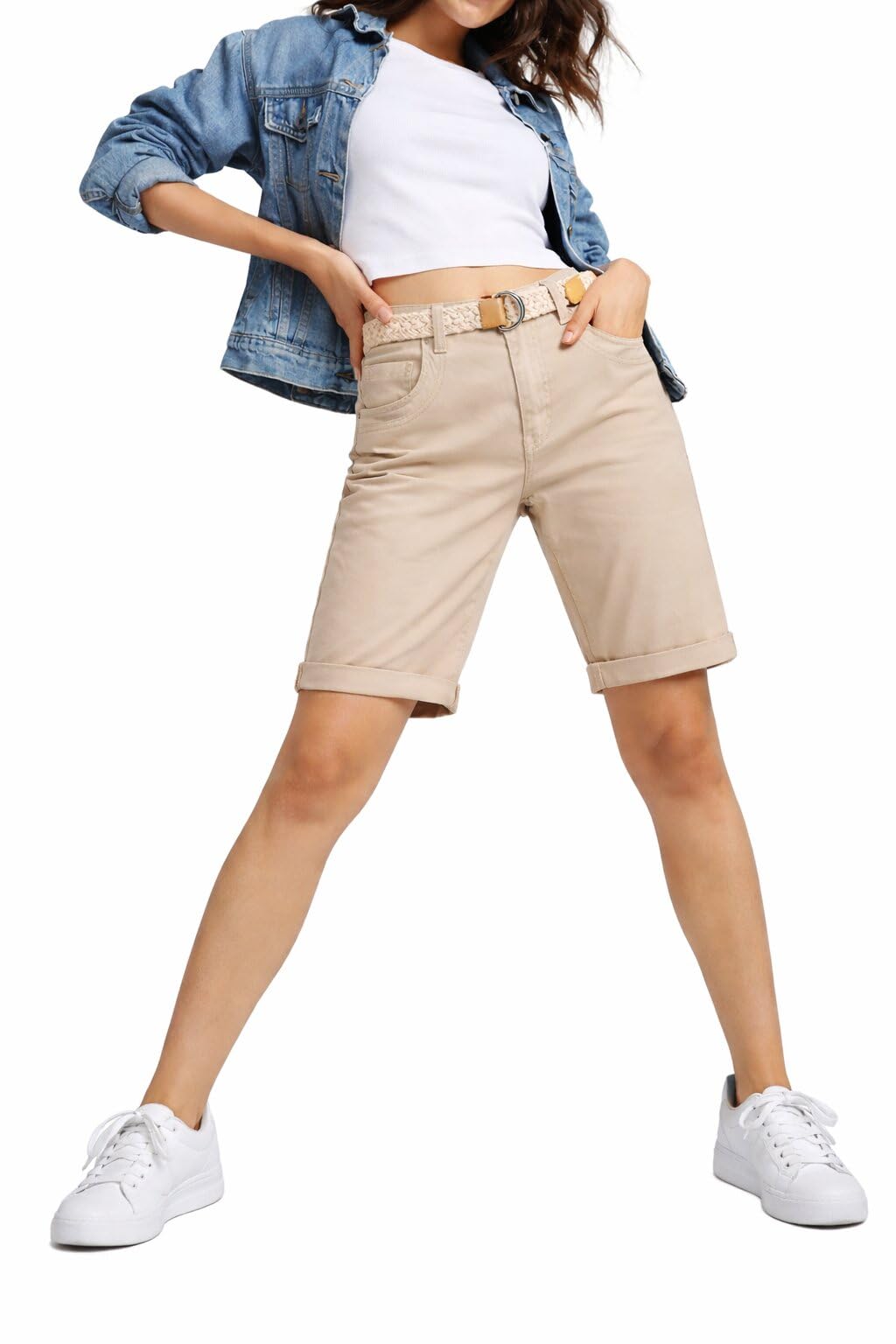 Sublevel Bermuda pour femme avec ceinture, short chino court avec revers en coton, short d'été décontracté, coupe droite