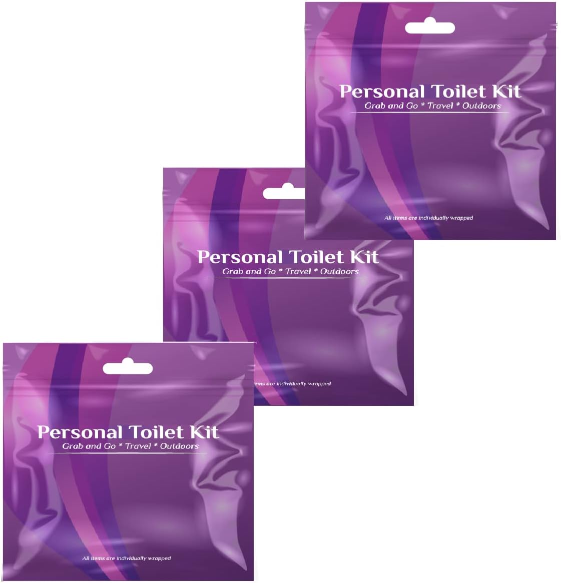 pH Advantage 3 x Personal Toilet Kit | Public Restroom Kit | Toilet Paper, Toilet Seat Cover, Butt Wipes, Cleansing Wipes (Purple)