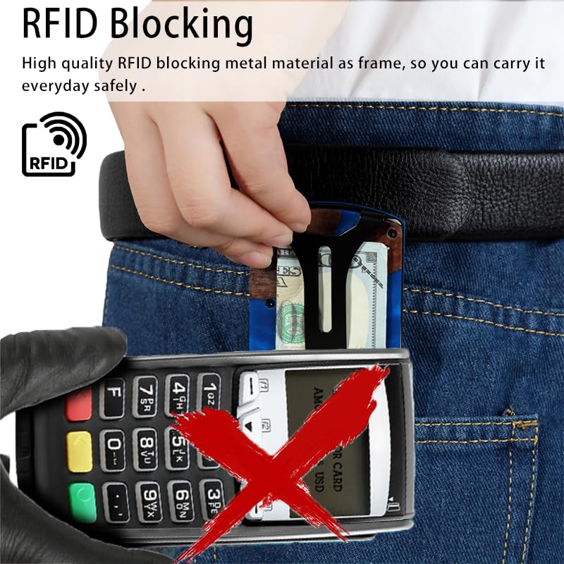 Image of Wallet for Men, Minimalist Slim RFID Blocking Resin Wood Credit Card Holder with Money Clip, Easily Removable Cash&Card Metal Wallet,Resin River,Natuarl Walnut Wood,Unique Pattern,Gift for Men