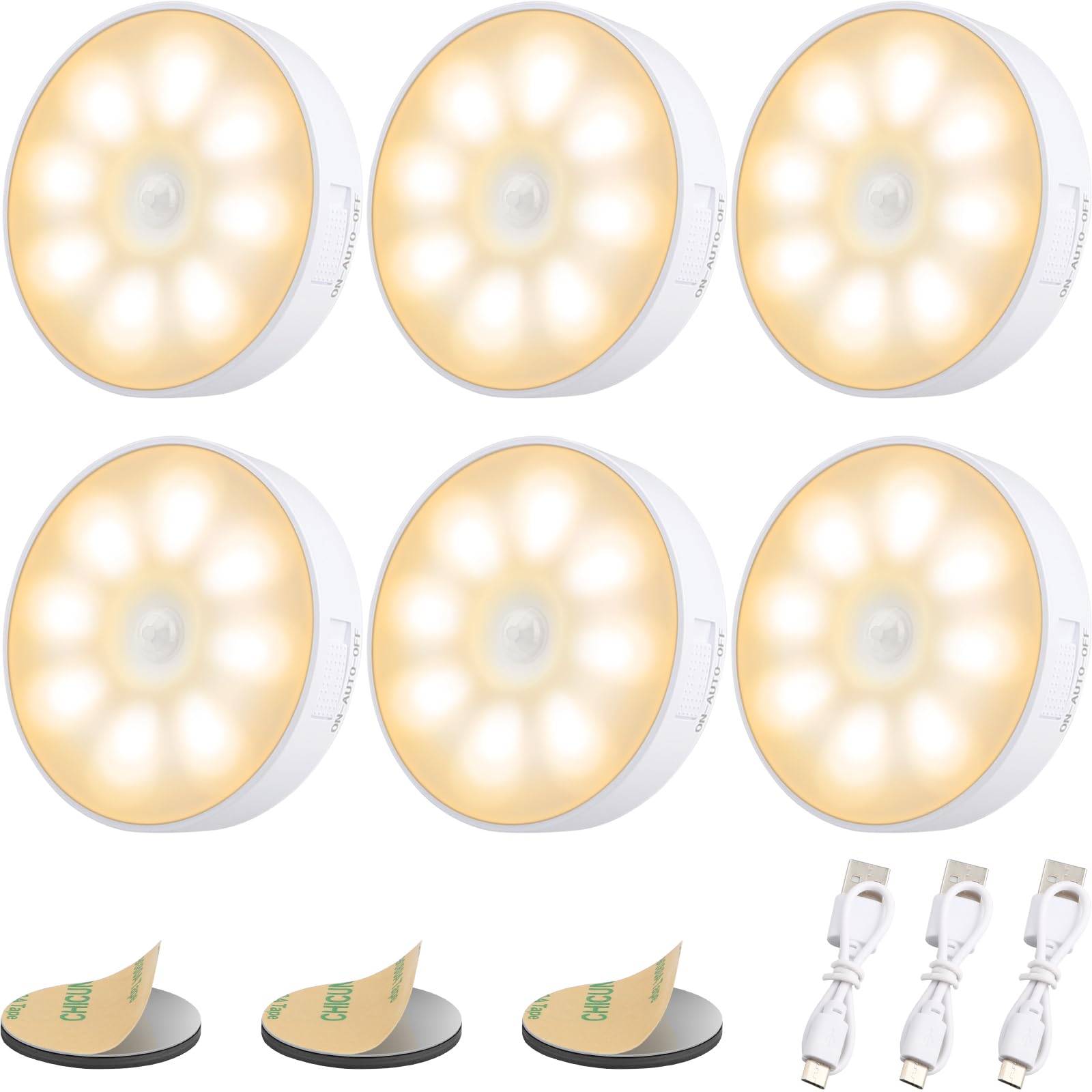 Electight 6 Stück 8 LEDs Nachtlicht mit Bewegungsmelder, Nachtlampe, USB Wiederaufladbares, 3 Modi Einstellbar, Auto/ON/Off, für Schlafzimmer, Schrank,Toilette, Flure - 3000K Warmweiß