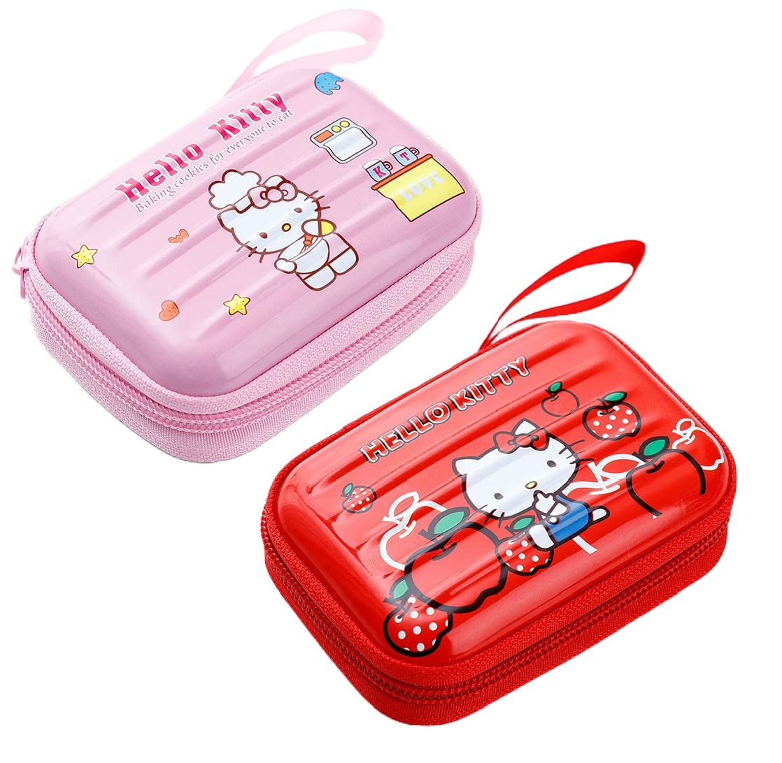 Krystal Kity Pink & Red Hard Case Zipper Protective Hard Shell Travel Carrying Case Bag with Zipper, USB Cable, Earphones, Memory Cards, U Disk, Lens Filter, Keys, Coins Pack of 2