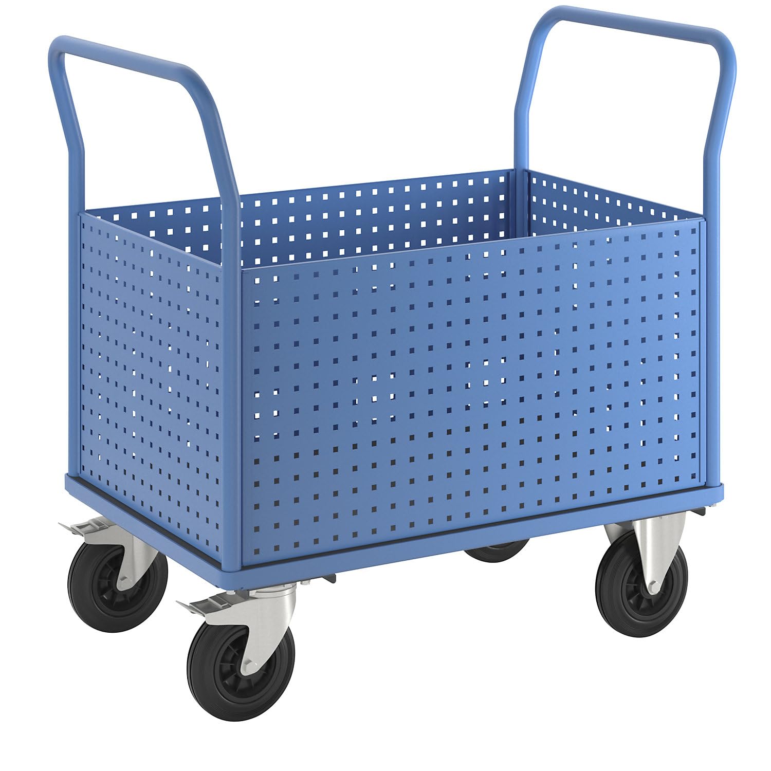 eurokraft pro | Plattformwagen | Mit 4 hohen Lochblechwänden, LxB 1050 x 700 mm, Vollgummi
