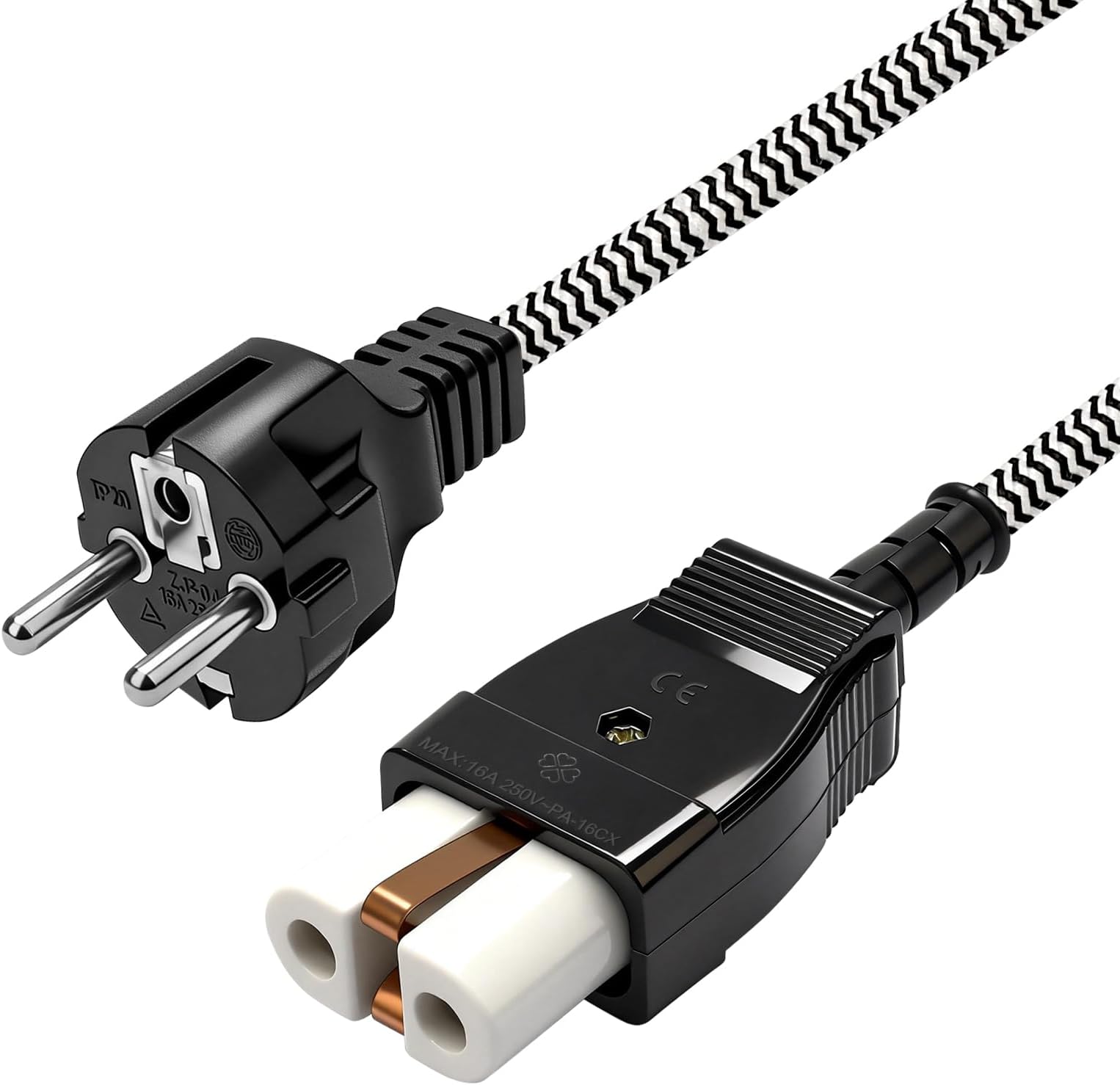 Euro Conversion Ceramic Hot Appliance Plug with Cable 2 m, Pin Device Plug Black with Ceramic Insert for Heaters, Waffle Irons, Irons & Other Old Appliances