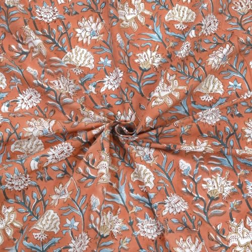 Image of TOAI Hand Block Printed Bedsheet | Bed Spread Flatsheet Bed Sheet | Pure Cotton | Queen Size 90 inchx108 inch | 300 TC Long Staple Cotton | 2 Reversible Pillow Covers |Floral Vines on Rust