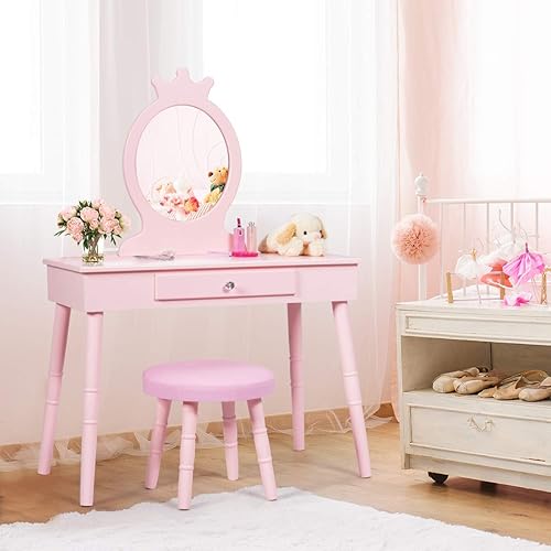 Costzon Juego de tocador para niños, mesa de maquillaje de princesa de madera con taburete acolchado, cajón grande, patas de madera maciza y espejo