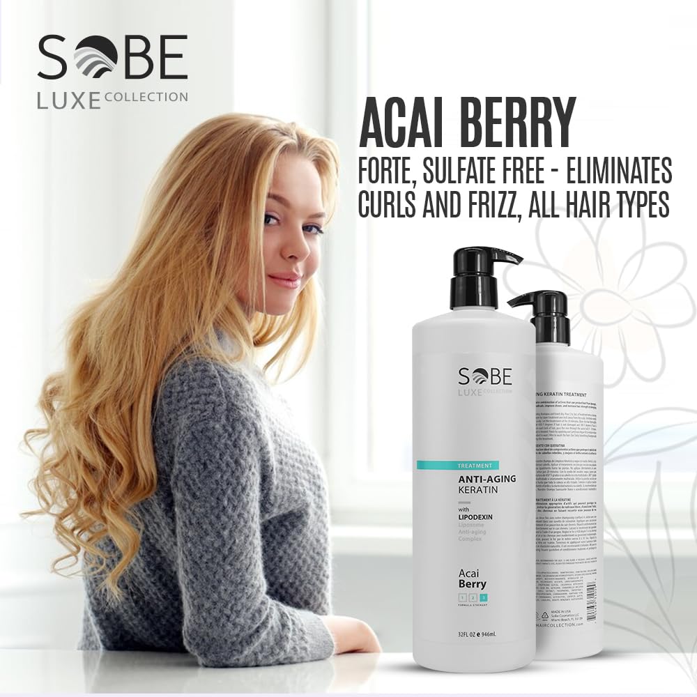 SOBE LUXE - Brazilian Keratin Smoothing Treatment, Blowout Straightening System for Dry and Damaged Hair, 32 Oz, - Forte, Sulfate-Free - Eliminates Curls and Frizz, All Hair Types (Acai Berry) - Image 7