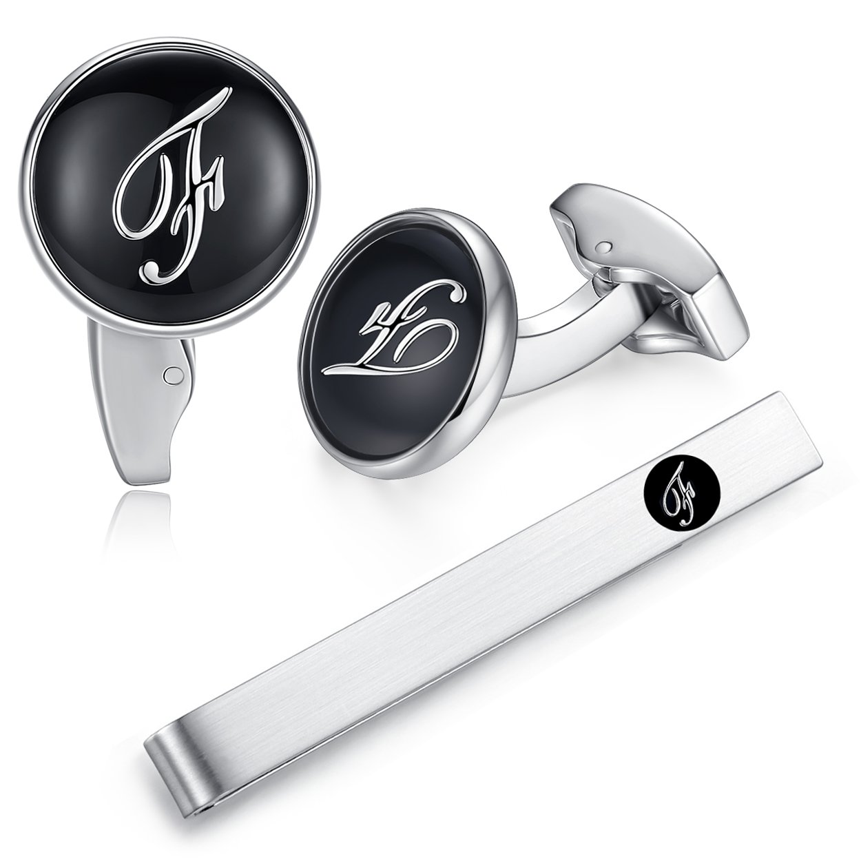 HONEY BEAR Carta Inicial Alfabeto Gemelos & Clip Pasador de Corbata Pisacorbatas - Acero Inoxidable para la Camisa de los Hombres Regalo de Boda del Negocio (Negro) (F)
