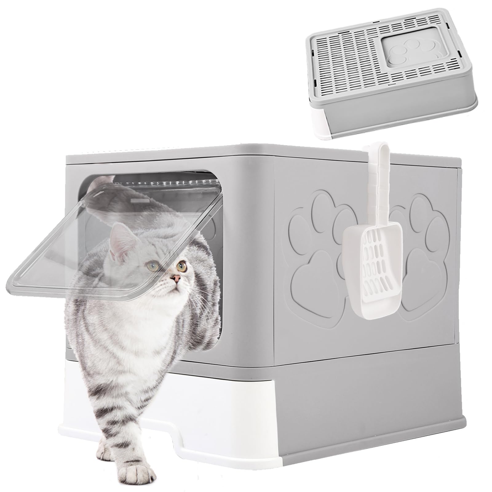 Foldable Cat Litter Box with Lid,Top Entry Anti-Splashing Cat Toilet,Large Space Kitten Litter Box,Easy to Install and Clean,Enclosed Cat Potty with Scoop,Suit for Smaller & Medium Cat (New Grey)
