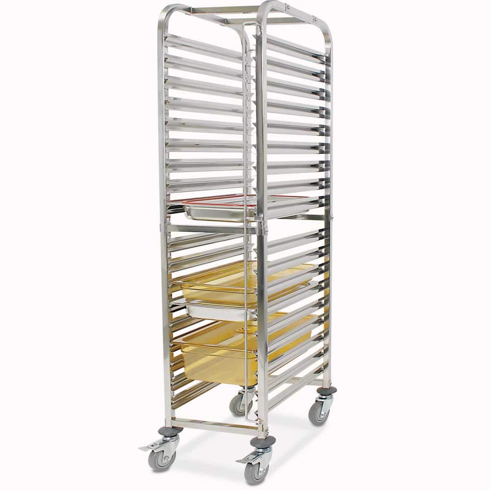BRB Transportwagen für GN-Behälter, für 18 GN-Behälter 1/1, Edelstahl, BxTxH 380x550x1735 mm, 4 Gummilenkrollen mit Feststellbremse