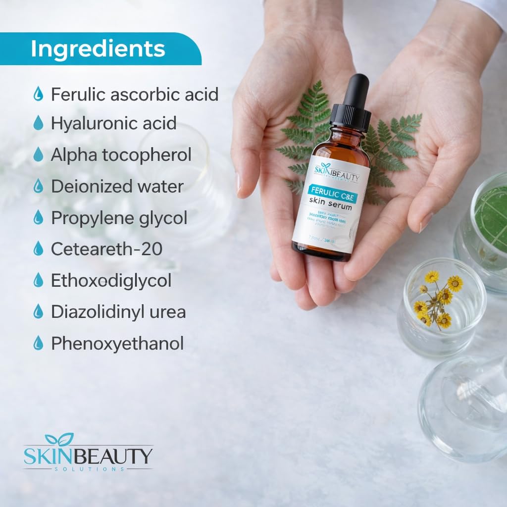 Soluciones de belleza para la piel, ácido ferulico CE con vitamina C + E, suero para la piel (30 ml), arrugas, antienvejecimiento, piel dañada por el sol y más (combinación de ferulina C + E, tratamiento antioxidante
