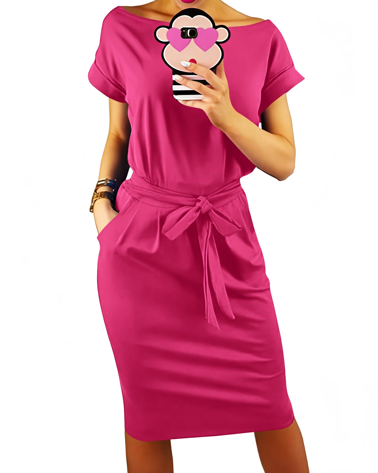 PRETTYGARDEN Women's Summer Short Sleeve Crewneck Striped Dress Basic Solid Tie Waist Office T Shirt Dresses Pockets
