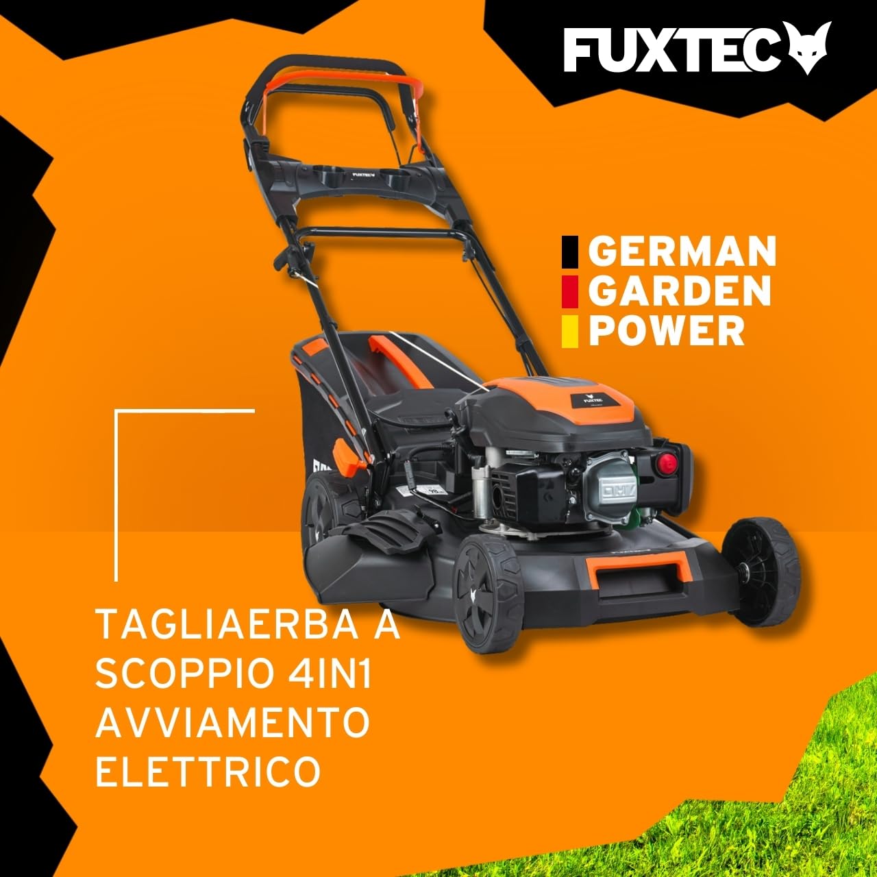 FUXTEC Tagliaerba a scoppio semovente RM5170eS 4in1-4 CV,Tosaerba a benzina 4 tempi trazionato avviamento elettrico,Larghezza di taglio 51cm - cesto raccoglierba 60L,mulching scarico laterale