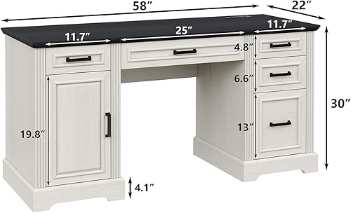 Miniatura 2 de Furniouse Escritorio ejecutivo de 58 pulgadas, escritorio para computadora de granja con cajones y gabinete con estación de carga, escritorio de