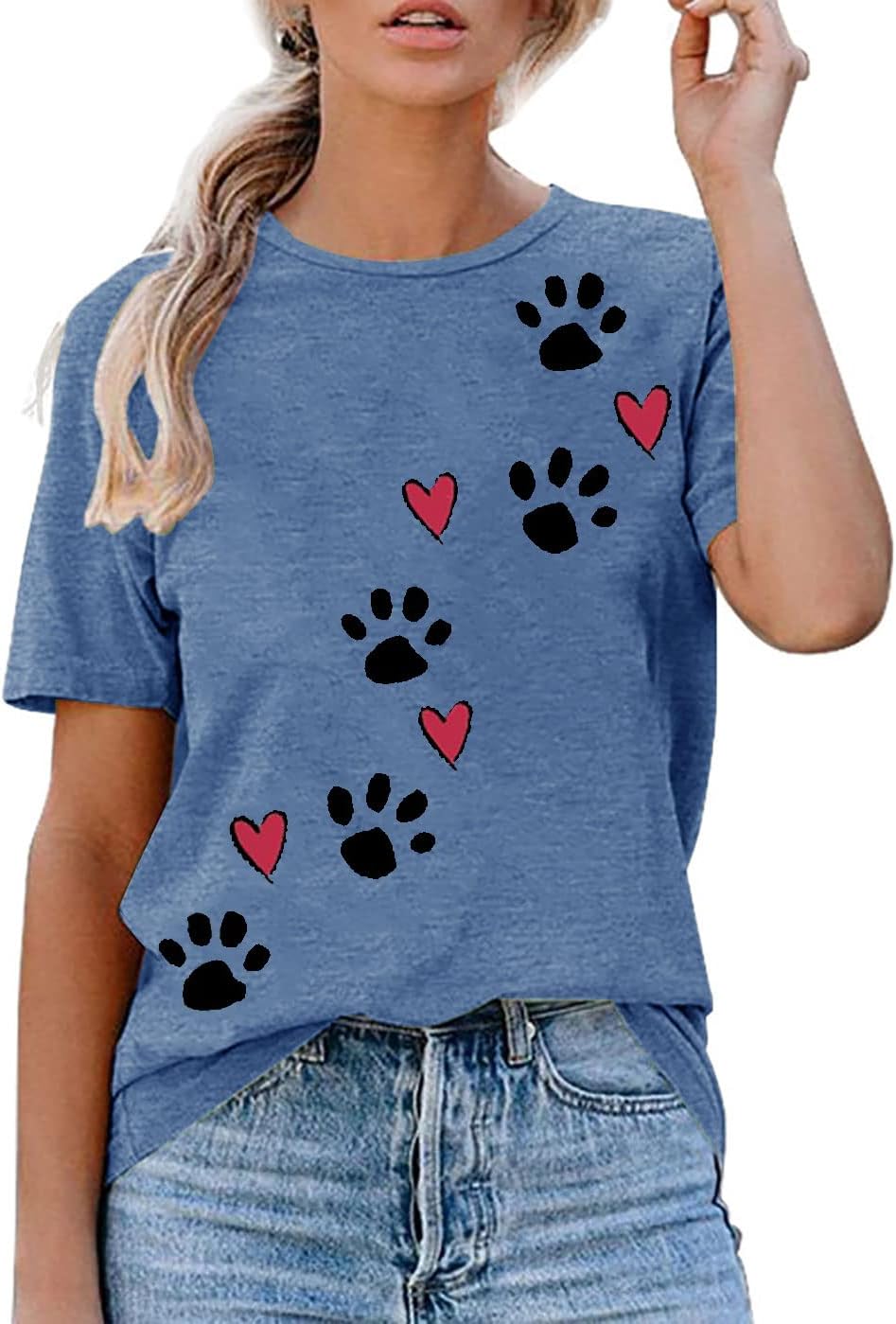 Dog Paw Love Heart Print T-Shirt for Women Short Sleeve Dog Mom Graphic Tees Tops Mother's Day Shirts - Image 2
