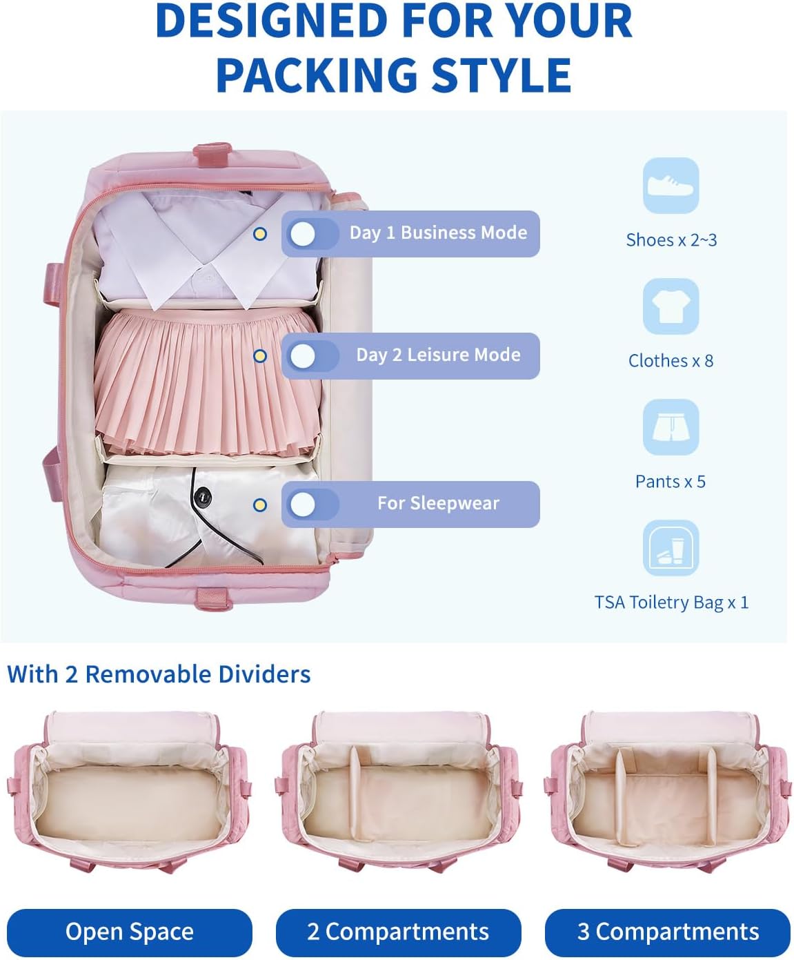 WANDF For Spirit Airlines Personal Item Bag 18x14x8, Lightweight Puffer Travel Duffle Bag for Women with Shoe Compartment & TSA Toiletry Bag Gym Hospital Carry-On Weekender Overnight (Pink)