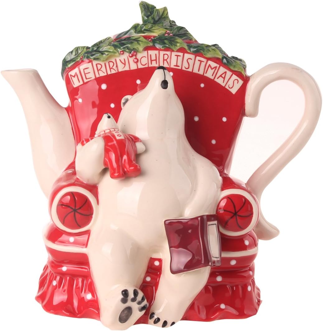 10.25" X 7.5" X 9.5" Merry Christmas Bear Teapot, Red/White
