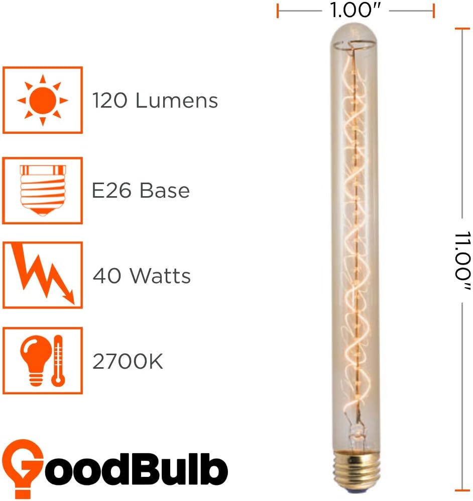 GoodBulb 4O Watt Nostalgic Long Tube Light Bulbs | Incandescent Medium E26 Base 2200K Warm White Light T9 Shape | 120 Lumens 3000 Average Lifespan | Pack of 10 Bulbs