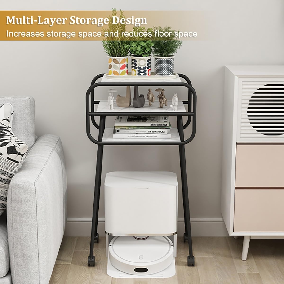 Estante de almacenamiento de 3 niveles para aspiradora robot, soporte de vacío con ruedas, mesa auxiliar pequeña para sala de estar, baño, mesa auxiliar estrecha, muebles decorativos bonitos