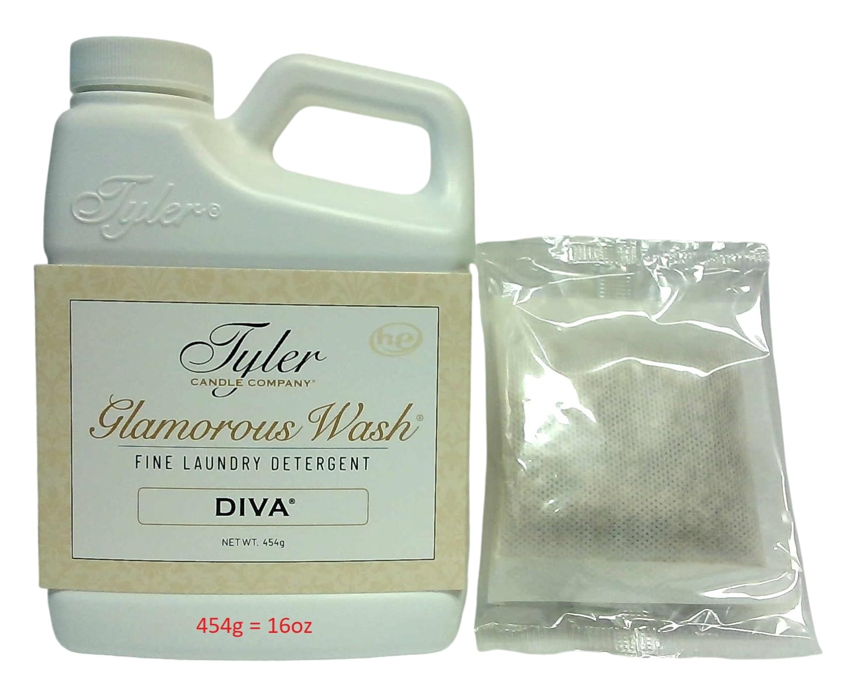 Tyler Candle Company Glam Wash Laundry Detergent, Diva 16 Fl Oz/with Glamorous Sachet Single Pouch G, Clear