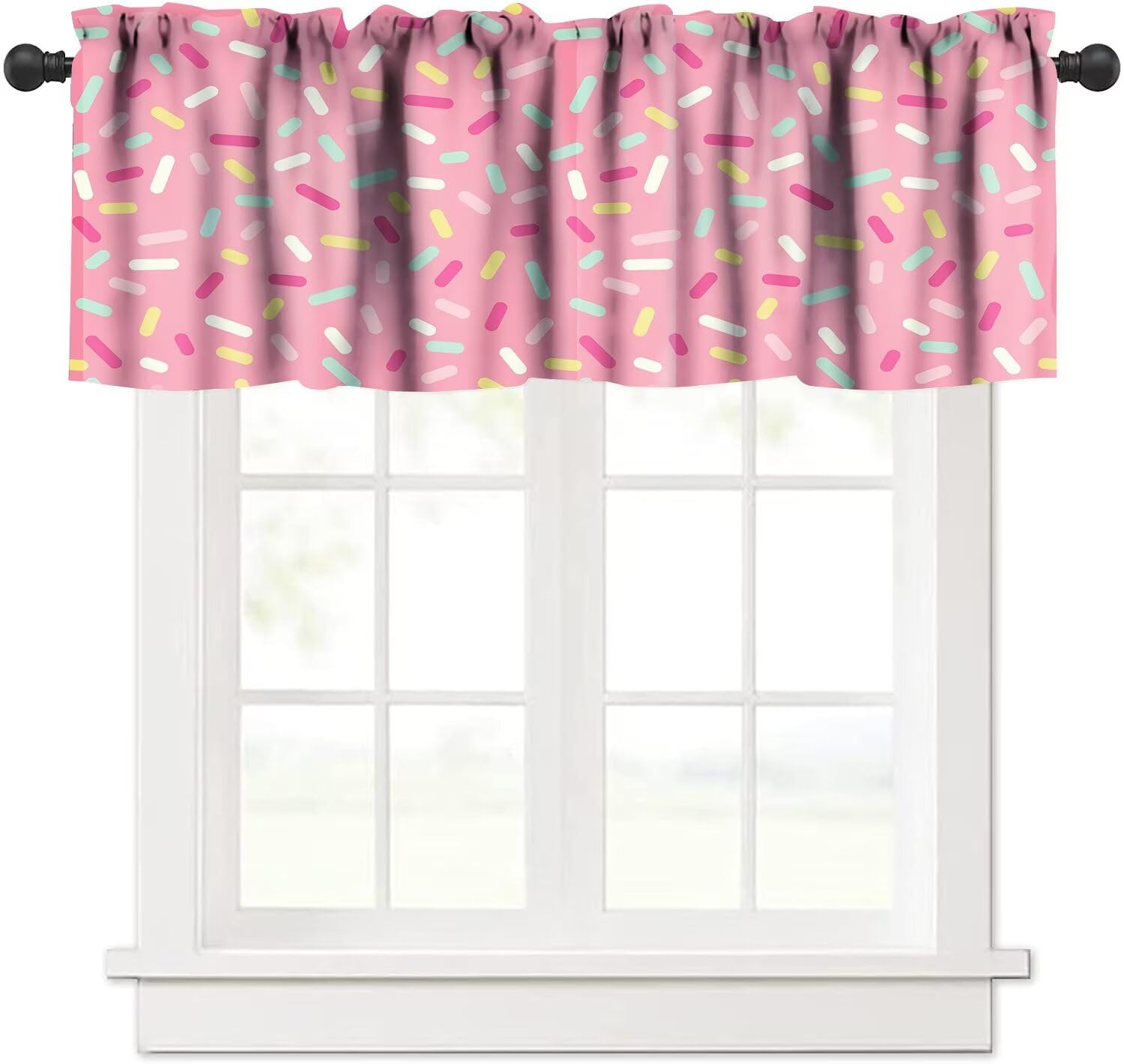 Fblifil Sweet Candy Window Valance, Abstract Pattern of Colorful Candies Sprinkles Tasty Food with Rod Pocket Curtain Valance for Bedroom Kitchen Cafe