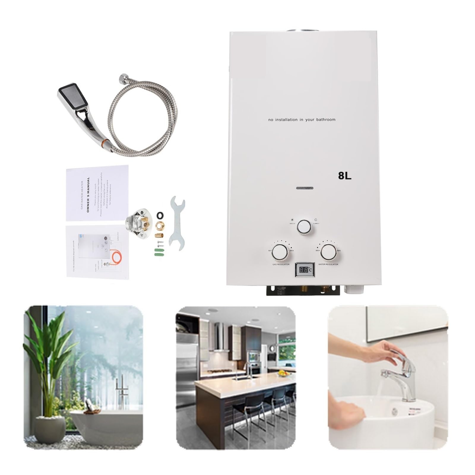 8L Bezzbiornikowy Podgrzewacz Wody Na Gaz Propan 16KW LPG Natychmiastowy Podgrzewacz Ciepłej Wody Bojler Wyświetlacz LED Outdoor Camping Z Zestawem Głowicy Prysznicowej szybko się nagrzewa(Silver)